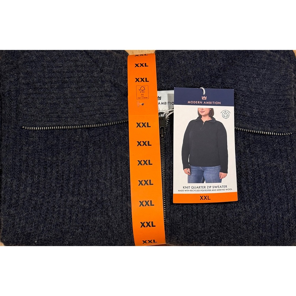 Modern Ambition Womens XXL Navy Blue Knit Quarter Zip Merino Wool Blend Sweater